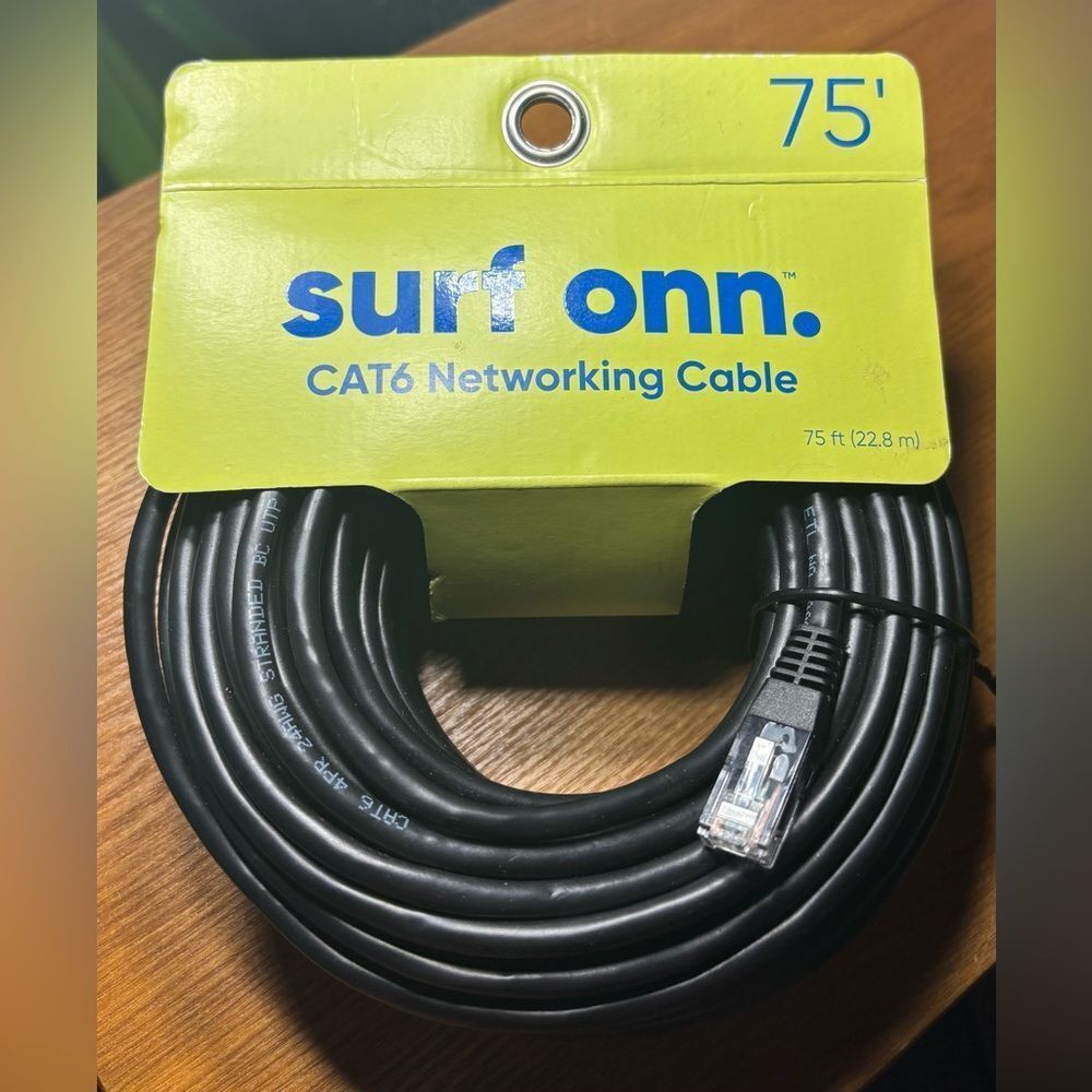 New onn 75' CAT6 Networking Cable, Black NWT